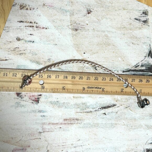 Pandora Sterling Silver Braided Leather Bracelet With Floral Pink Enamel Charm - Picture 9 of 16